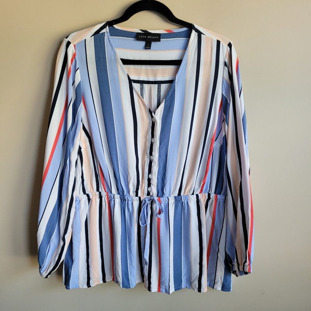 Lane Bryant Womens Blouse Size 16 Blue Stripes V Neck Popover Drawstring Waist
